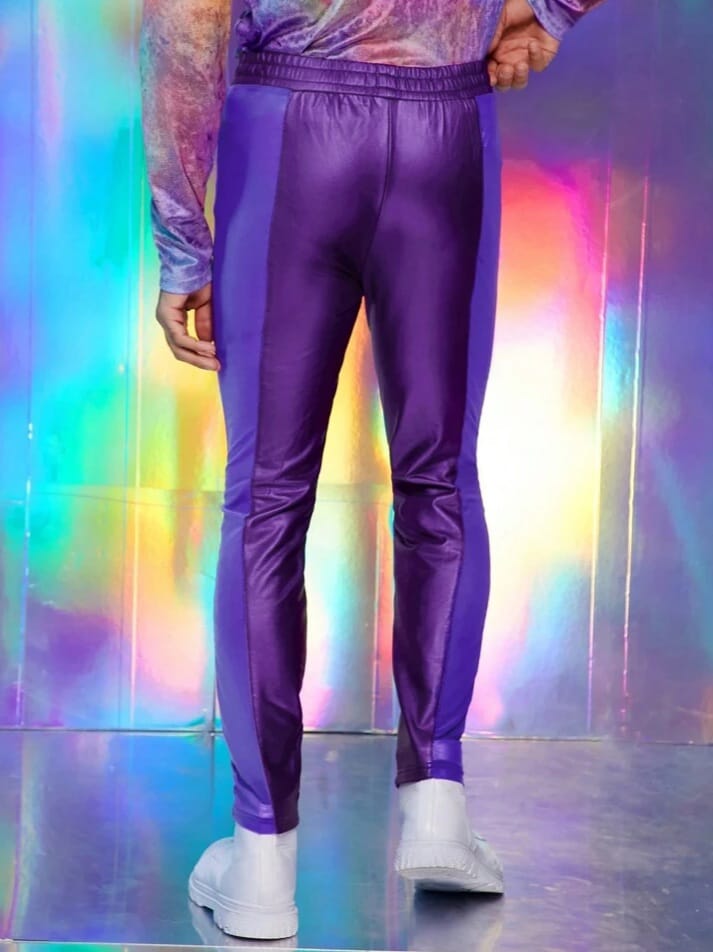 Crystal City Men's Elastic PU Leather Mesh Splice Jocker Look Skinny Pants